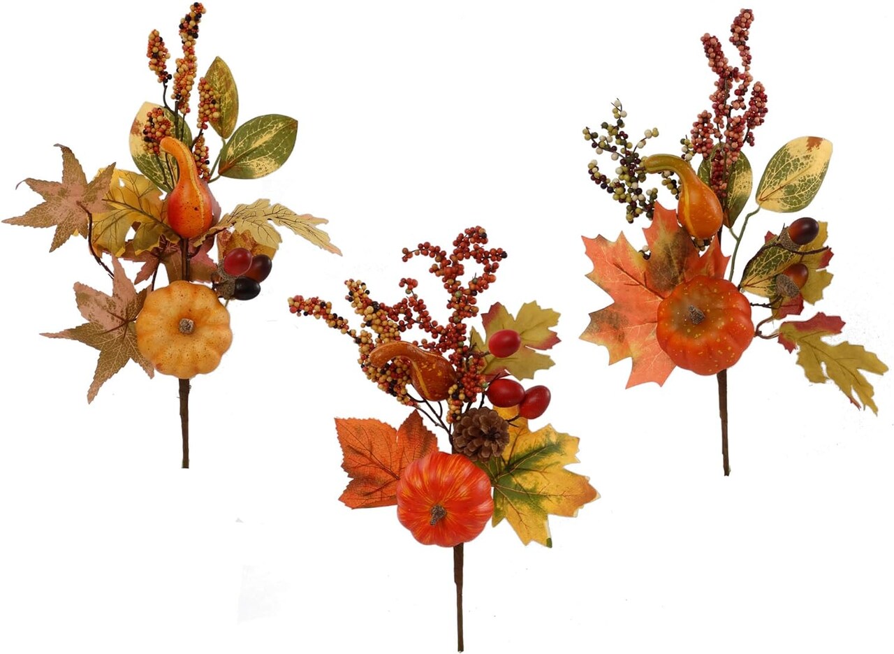 6-Pack: Assorted Pumpkin Picks with Silk Leaves & Berries by Floral Home®, Floral Home by Artificial Flowers